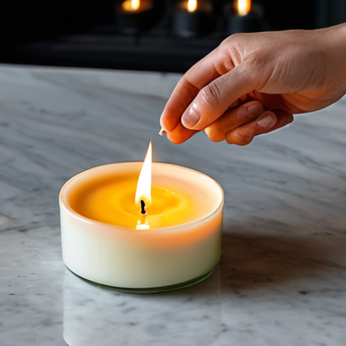 Home 15 **Prompt 1: The Perfect First Burn**
A professional, fully clothed person, with perfect anatomy and natural pose, gently observing a high-quality scented candle burning on a stable, heat-resistant surface. The candle's wax pool is perfectly melted from edge to edge, showcasing an even, full-diameter liquid surface. The flame is steady and clean, indicating optimal first burn and "wax memory" formation. The background is a cozy, softly lit living room interior with tasteful, modern decor. The scene emphasizes proper candle care and longevity, exuding a sense of calm and expertise. Professional photography, high resolution, detailed, well-formed hands, correct proportions, modest clothing, appropriate attire, safe for work, appropriate content, family-friendly.