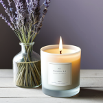 A stunningly minimalist candle in a reusable, frosted glass jar, designed with clean lines and a subtle, elegant label. The packaging rests on a polished wooden surface next to a delicate sprig of dried lavender, highlighting its eco-friendly essence and future as a small vase or storage container. The scene is bathed in soft, natural light, creating a serene and sophisticated ambiance, embodying sustainable design and understated luxury. safe for work, appropriate content, fully clothed, modest, professional photography, high quality, perfect anatomy, correct proportions, natural pose, well-formed hands, proper finger count, natural body proportions.