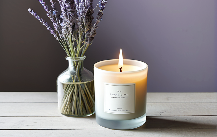A stunningly minimalist candle in a reusable, frosted glass jar, designed with clean lines and a subtle, elegant label. The packaging rests on a polished wooden surface next to a delicate sprig of dried lavender, highlighting its eco-friendly essence and future as a small vase or storage container. The scene is bathed in soft, natural light, creating a serene and sophisticated ambiance, embodying sustainable design and understated luxury. safe for work, appropriate content, fully clothed, modest, professional photography, high quality, perfect anatomy, correct proportions, natural pose, well-formed hands, proper finger count, natural body proportions.