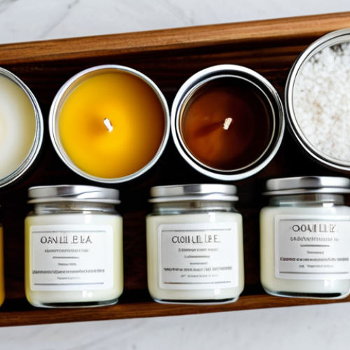 Home 7 **A well-organized professional candle-making workbench, captured from an overhead angle. The scene features various raw materials: clear glass jars filled with white soy wax flakes, creamy coconut wax, and golden beeswax pellets. A shiny stainless steel double boiler contains smoothly melting wax, with a precise digital thermometer inserted. Neatly arranged spools of cotton wicks and bundles of wood wicks lie beside small amber bottles of high-quality fragrance oils. Empty, clean glass candle containers are stacked at the side. The workspace is pristine, well-lit by soft natural light, conveying a sense of meticulous craftsmanship. Professional photography, high detail, sharp focus on textures, clean and organized, safe for work, appropriate content, professional, family-friendly.**