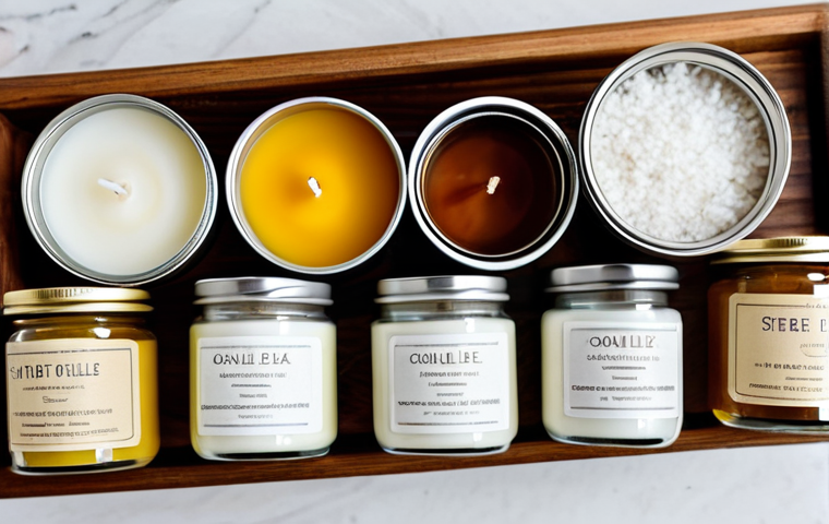 **A well-organized professional candle-making workbench, captured from an overhead angle. The scene features various raw materials: clear glass jars filled with white soy wax flakes, creamy coconut wax, and golden beeswax pellets. A shiny stainless steel double boiler contains smoothly melting wax, with a precise digital thermometer inserted. Neatly arranged spools of cotton wicks and bundles of wood wicks lie beside small amber bottles of high-quality fragrance oils. Empty, clean glass candle containers are stacked at the side. The workspace is pristine, well-lit by soft natural light, conveying a sense of meticulous craftsmanship. Professional photography, high detail, sharp focus on textures, clean and organized, safe for work, appropriate content, professional, family-friendly.**