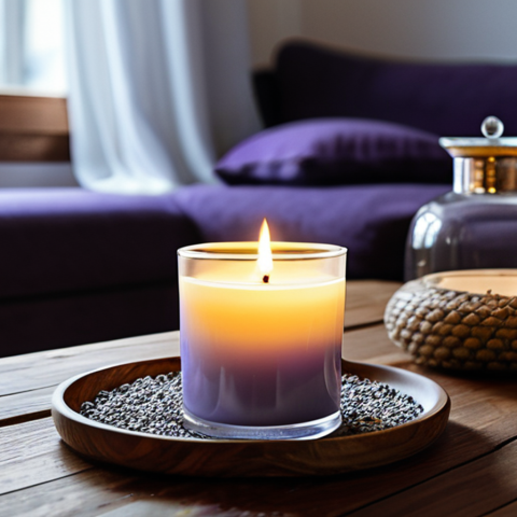 Aromatherapy Oasis**

"A cozy home setting with a handcrafted soy wax candle burning on a wooden table, fully clothed person in background relaxing, safe for work, appropriate content, infused with lavender essential oil, modest decor, diffused light, creating a calming atmosphere, perfect anatomy, natural proportions, professional photography, high quality, family-friendly."

**