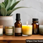 천연 에센셜 오일 캔들 - A cozy indoor scene featuring a variety of natural scented candles made from soy, beeswax, and cocon...