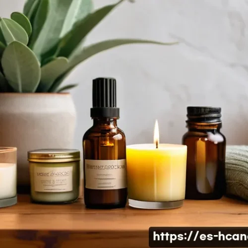 천연 에센셜 오일 캔들 - A cozy indoor scene featuring a variety of natural scented candles made from soy, beeswax, and cocon...
