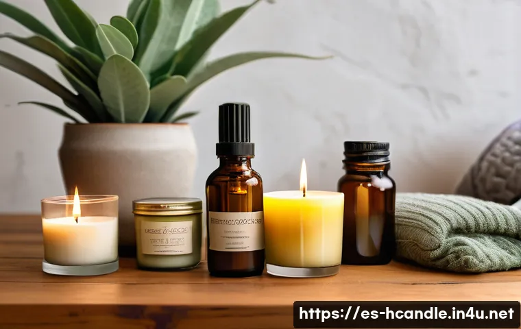 천연 에센셜 오일 캔들 - A cozy indoor scene featuring a variety of natural scented candles made from soy, beeswax, and cocon...