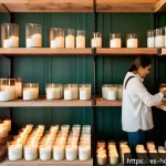 캔들 공방 홍보 방법 - A cozy artisan candle workshop interior, featuring a skilled craftsperson carefully pouring natural ...