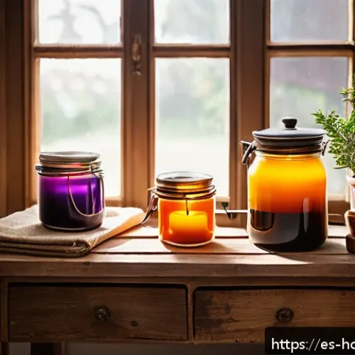캔들 공방 장비 추천 - A cozy artisan candle workshop scene featuring a double boiler melting natural soy wax on a rustic w...