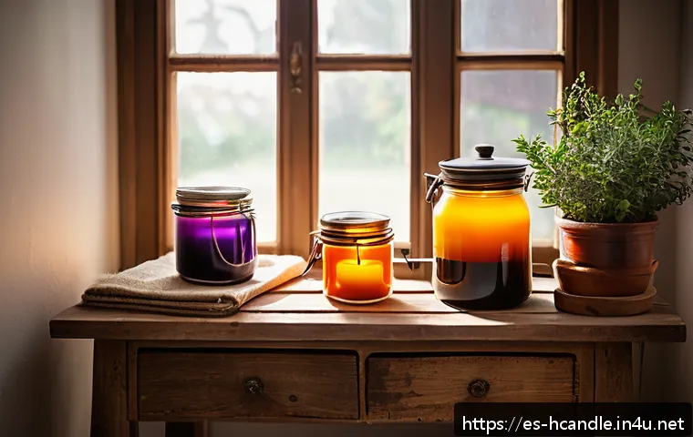 캔들 공방 장비 추천 - A cozy artisan candle workshop scene featuring a double boiler melting natural soy wax on a rustic w...