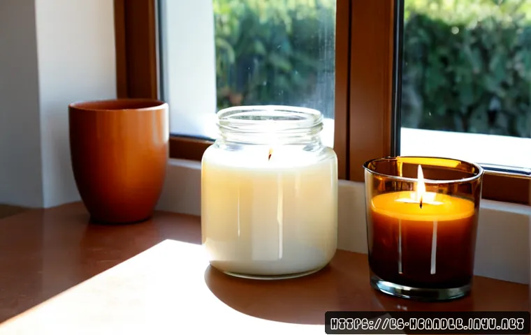 Home 17 캔들 컨테이너 소재별 특징 - Photorealistic candle container material comparison on a clean sunlit Spanish home tabletop: unlit c...