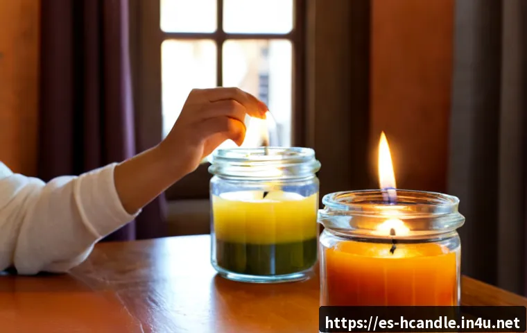 캔들 향 고르기 테스트 - Photorealistic close-up of a Spanish woman comparing three unlit scented candles in simple glass jar...